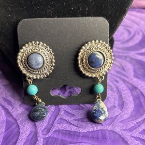 Sodalite gemstone and turquoise clip on earrings.